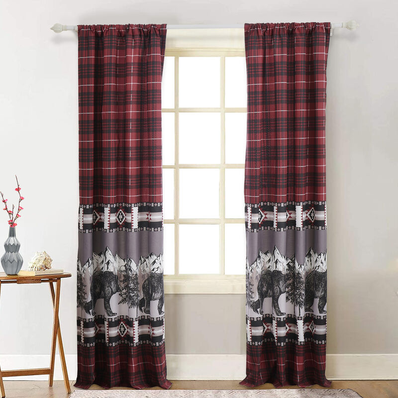 Sofia 84 Inch Bear Panel Curtains, Poly Microfiber, Red and Black Plaid - Benzara