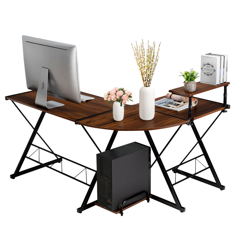 Costway 58'' x 44'' L-Shaped Computer Gaming Desk w/ Monitor Stand & Host Tray Home Office Antique