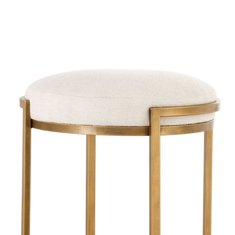 Fyn Counter Height Stool, Round Cream Fabric Seat, Brass Cantilever Base