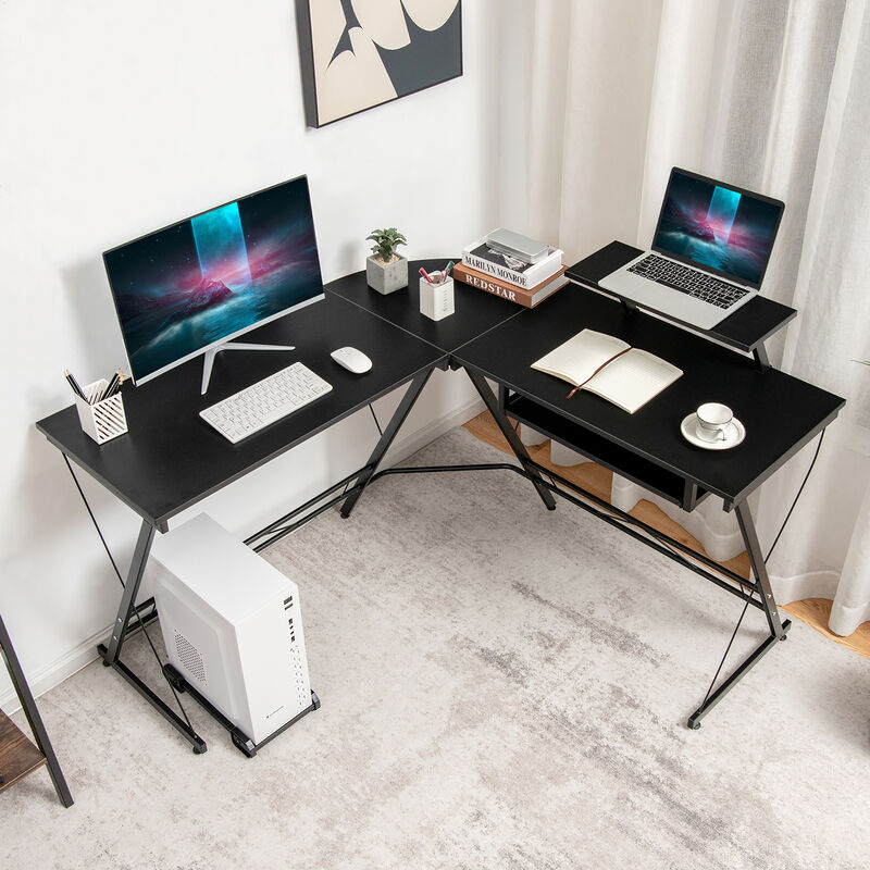 Costway L Shaped Computer Desk Home Office Workstation w/ Movable Monitor Stand Black