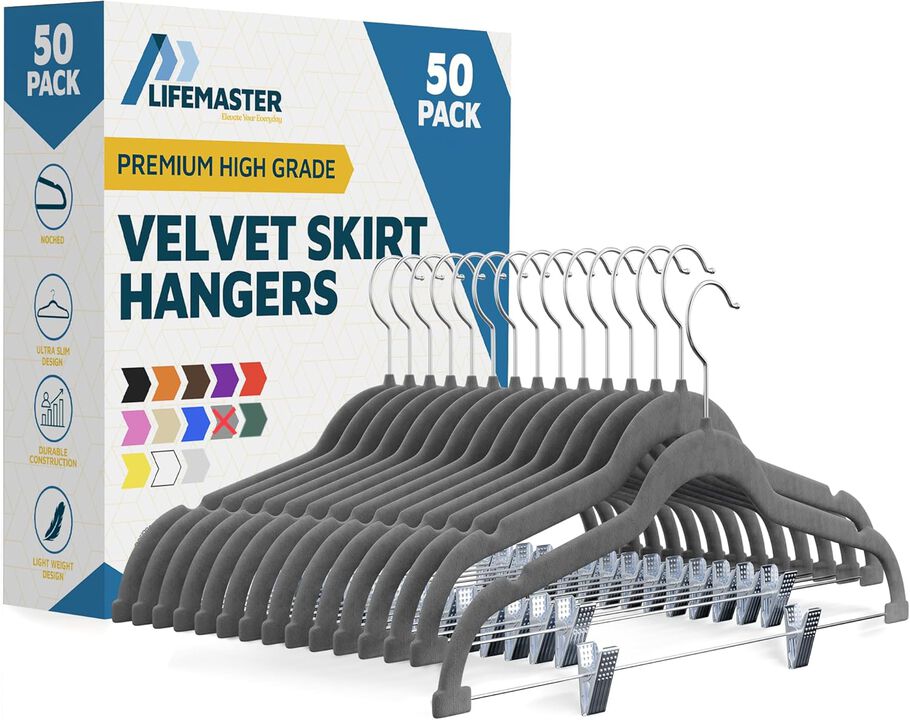 Velvet Skirt Hangers – with Adjustable Clips, 360 Degree Swivel Hook, and Non-Slip Shoulder Notch, Holds Up to 10 lbs, for Organizing Skirt, Pants, Dress, and Clothes, Pack of 50, Green