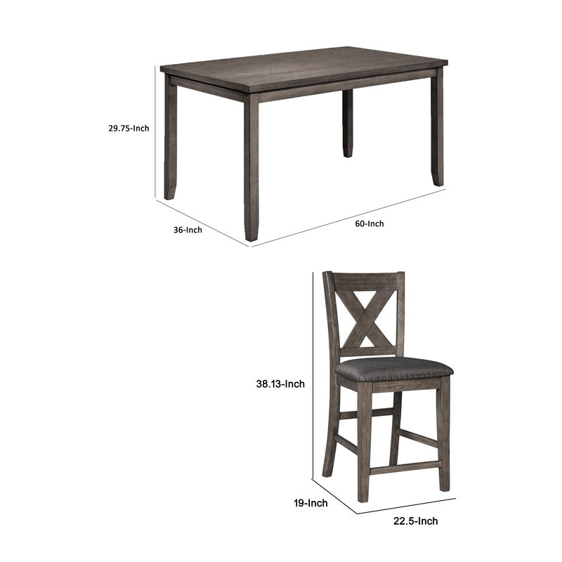 7 Piece Dining Table Set, Lattice Back Chairs, Dark Gray Wood, Polyester - Benzara