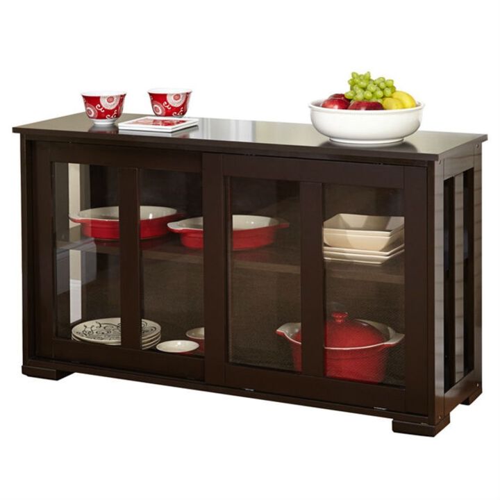 Hivvago Espresso Sideboard Buffet Dining Kitchen Cabinet with 2 Glass Sliding Doors