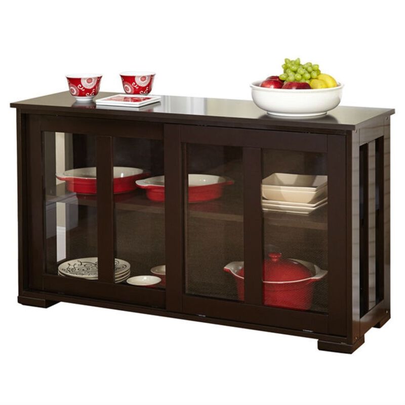 Hivvago Espresso Sideboard Buffet Dining Kitchen Cabinet with 2 Glass Sliding Doors