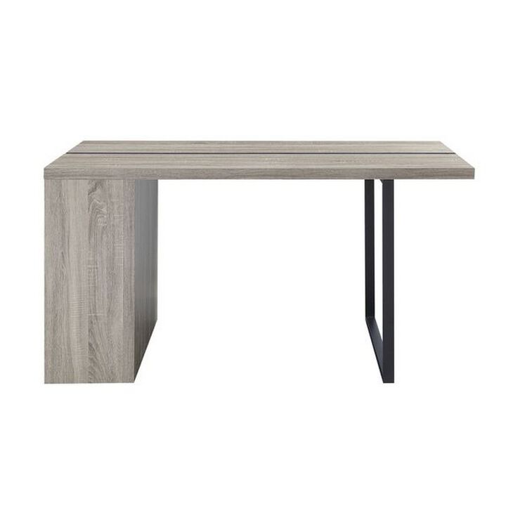 Dining Table with 3 Side Open Compartments and Metal Trim Inlay, Oak Gray-Benzara