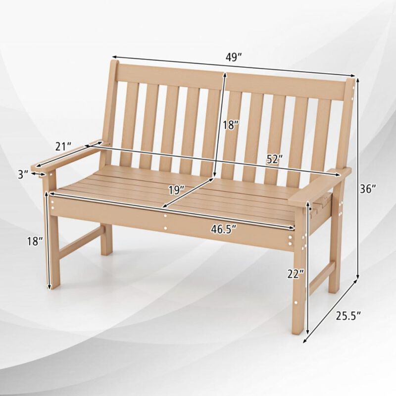 Hivvago 52 Inch All-Weather HDPE Outdoor Bench with Backrest and Armrests-Teak