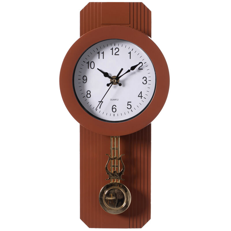 Wood-Look Pendulum Plastic Wall Clock, Farmhouse Decor for Living Room, Kitchen, or Dining Room, Silent Clock with Roman Numerals, Battery Powered, Large Decorative Wall Clock, Easy-to-Read, Black
