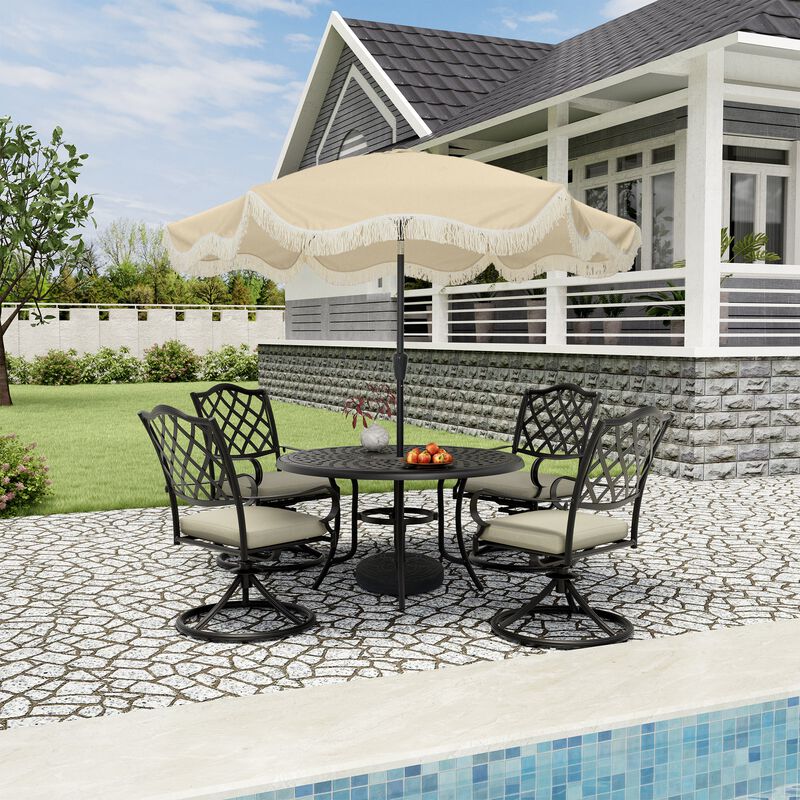 Mondawe 9 ft. Crank Design Tassel Style Fiberglass Rib Outdoor Umbrella with Round Base Included