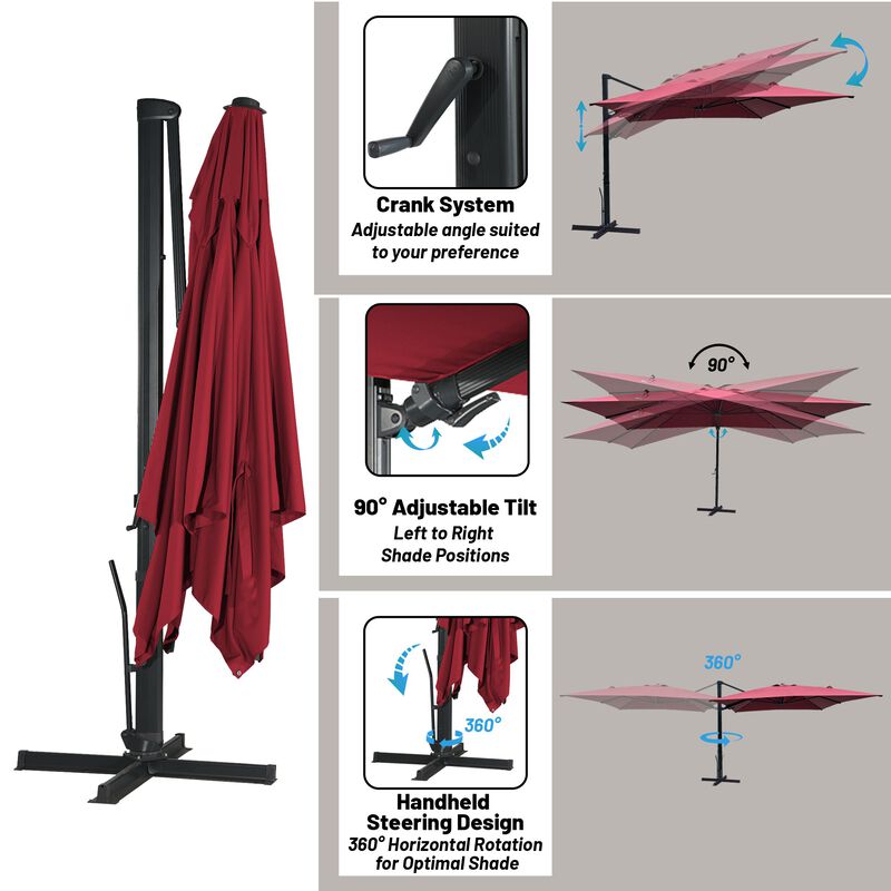 10x10 ft. 360°Rotation Square Outdoor Cantilever Patio Umbrella in Red