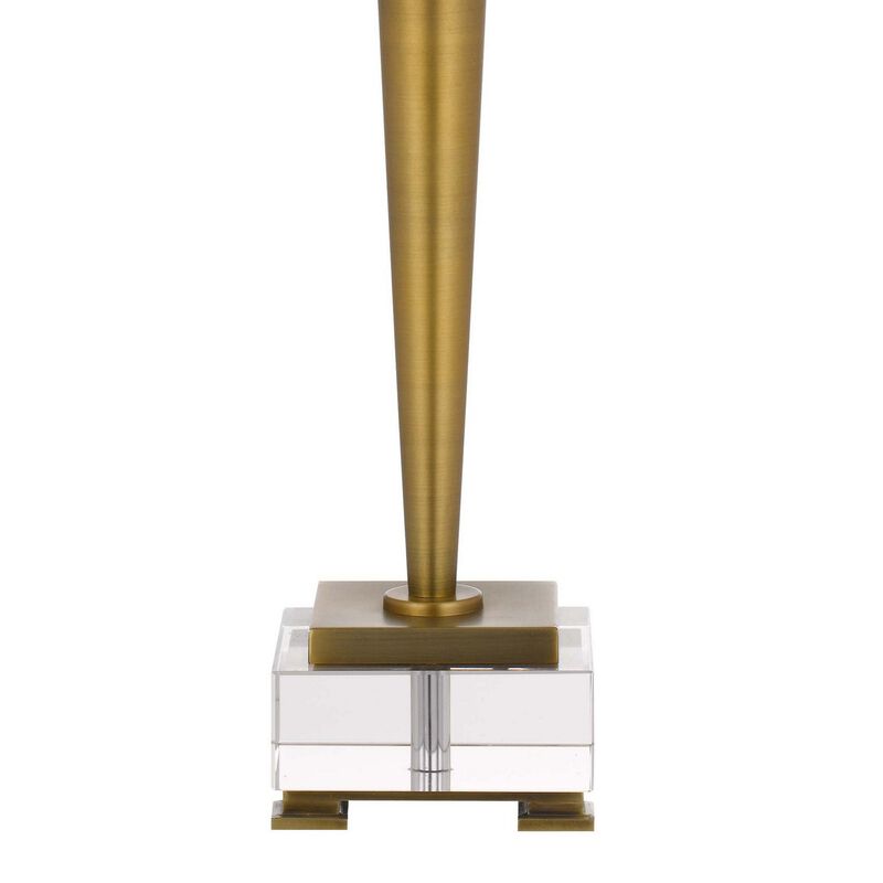 31 Inch Table Lamp with White Drum Shade, Clear Crystal Base, Brass Finish - Benzara