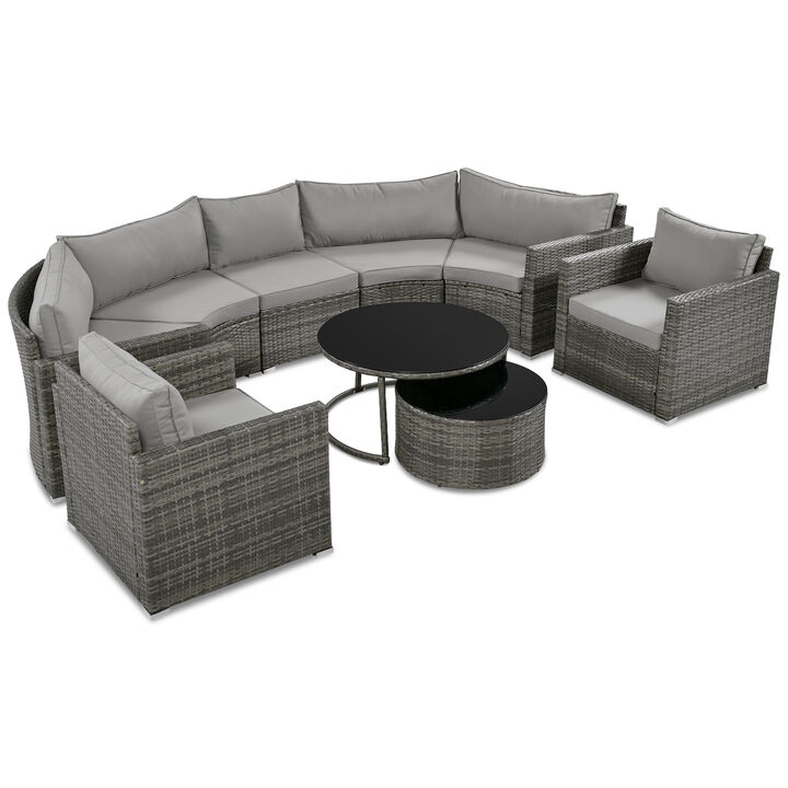 Whisen Modern Style Outdoor Half-moon Patio Sofa Set, 9-Pieces Round Sofa Set - Blue