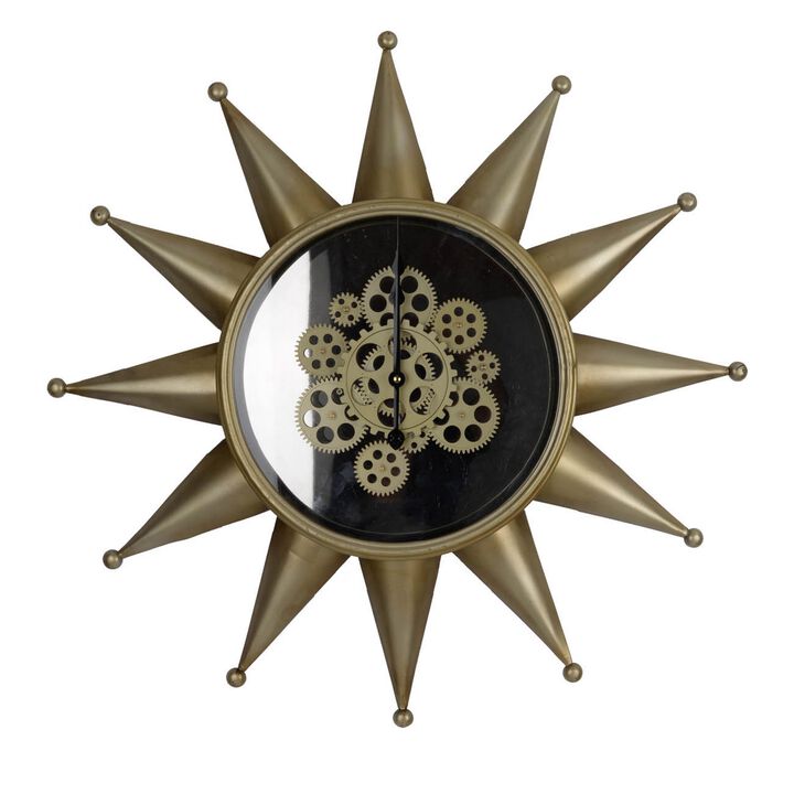 28 Inch Hanging Wall Clock, Sunlike Star Gear Design, Iron, Gold and Black - Benzara