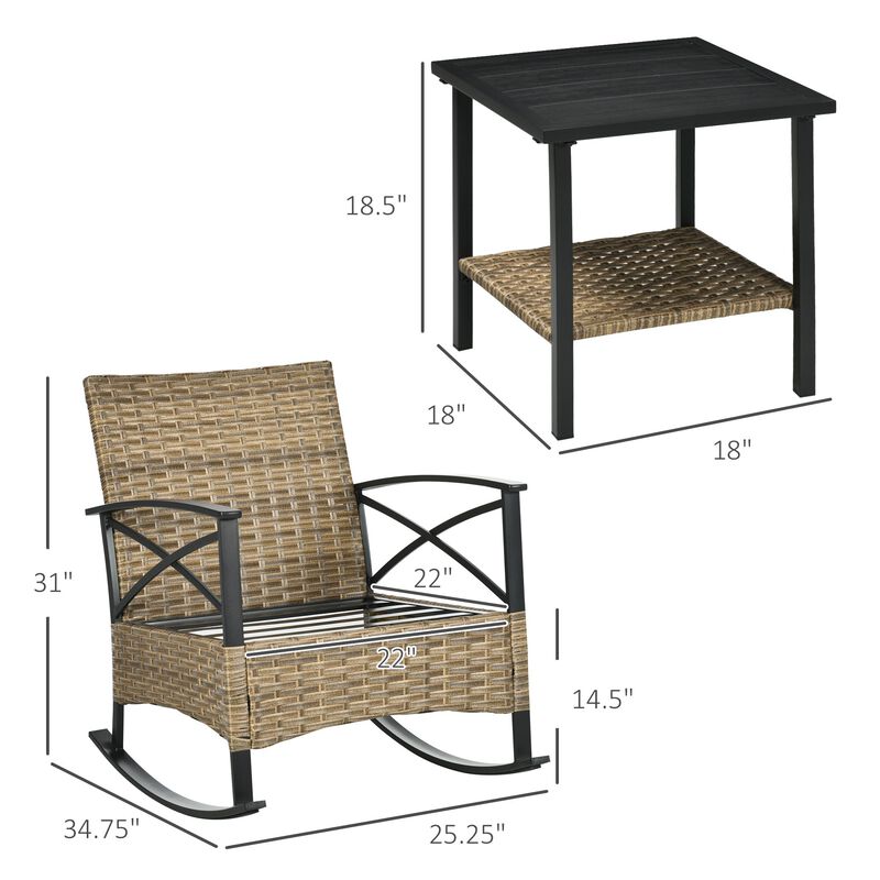 Light Grey Patio Set: 3PC Wicker Rocking Bistro Set with Cushions
