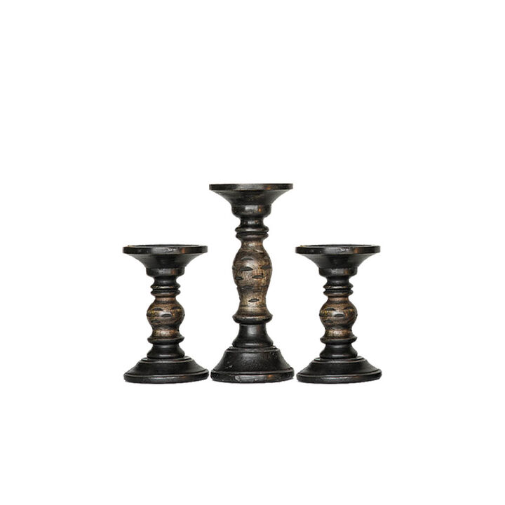 Traditional Dark Polish Eco-friendly Handmade Mango Wood Set Of Three 6",9" & 6" Pillar Candle Holder BBH Homes