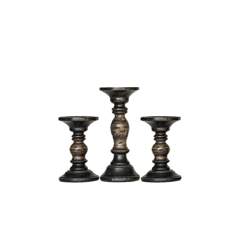 Traditional Dark Polish Eco-friendly Handmade Mango Wood Set Of Three 6",9" & 6" Pillar Candle Holder BBH Homes