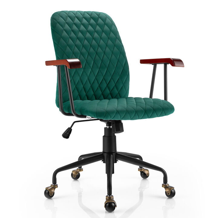 Costway Velvet Home Office Chair Swivel Adjustable Task Chair w/ Wooden Armrest Orange