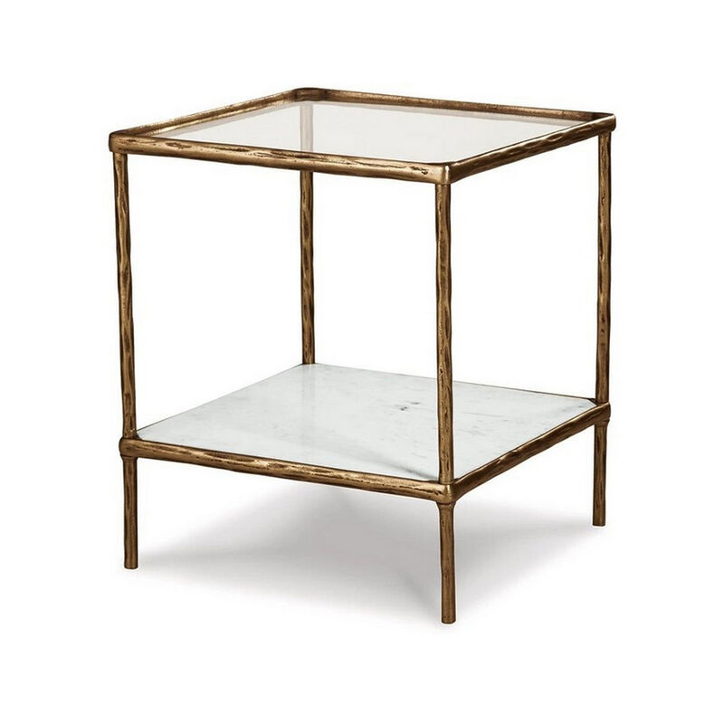 Dalie 25 Inch Accent Table, Square Glass Tabletop, Marble, Antique Gold - Benzara