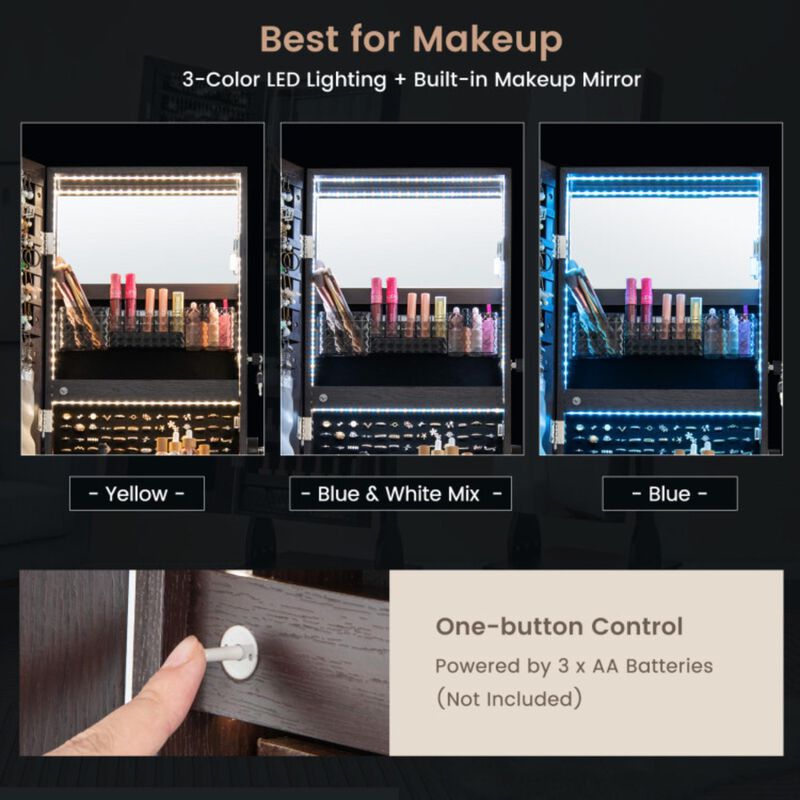 Hivvago 47 Inch Lockable Jewelry Cabinet Armoire with 3-Color LED Lights