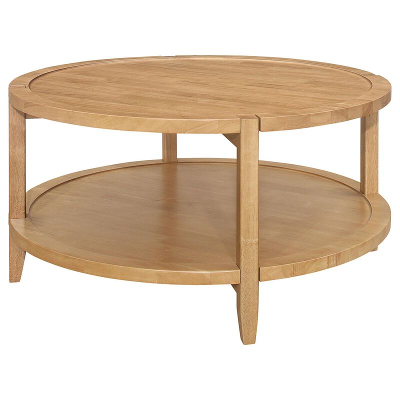 Camilia Coffee Table, 1 Shelf, Round Maple Brown Solid Wood, 36 Inch  - Benzara
