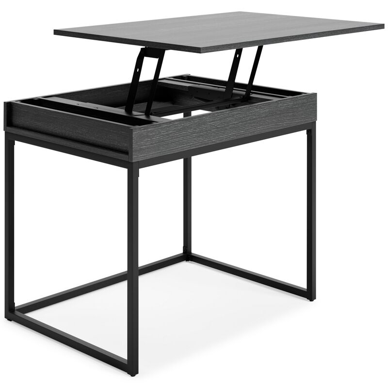 Yasmin Home Office Lift Top Desk, Dark Gray Wood, Black Metal, 36 Inch - Benzara