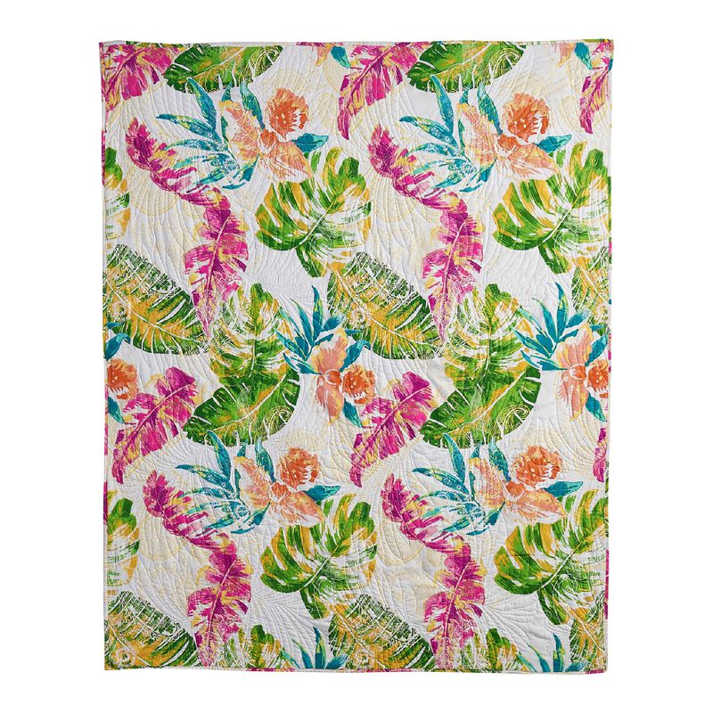 Porto 60 Inch Throw Blanket, Tropical Palm Leaves, Vibrant Green, Blue-Benzara