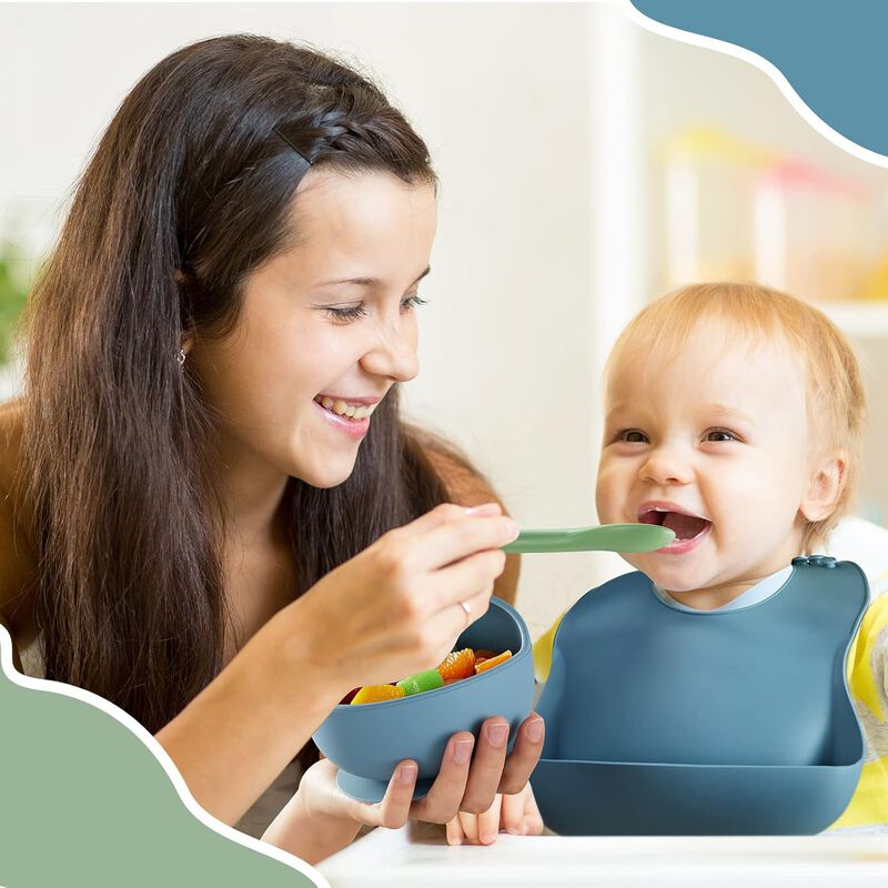 10-Piece Silicone Baby Feeding Set – Includes Suction Bowl, Divided Plate, Adjustable Bib, Soft Spoon & Fork for Infant Self-Feeding (Blue, Green).