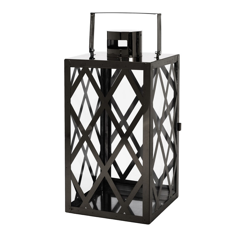 Dove 14 Inch Lantern, Lattice Black Stainless Steel, Tempered Glass - Benzara