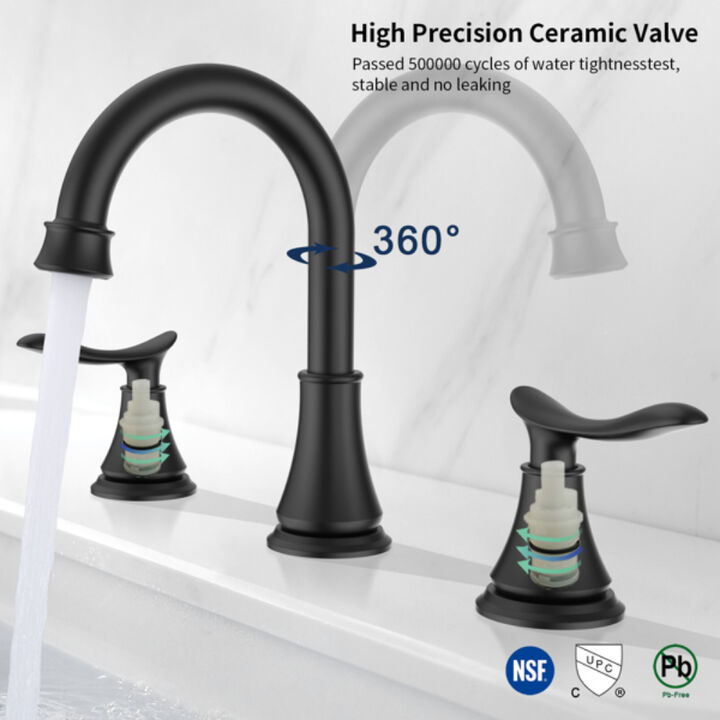 2-Handle Widespread Bathroom Sink Faucet, Matte Black  3-Hole Vanity Faucet with Swivel Spout