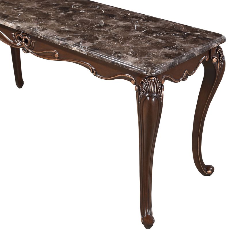 Cona 58 Inch Console Table, Carved Gold Accents, Cherry Brown, Gray, White - Benzara