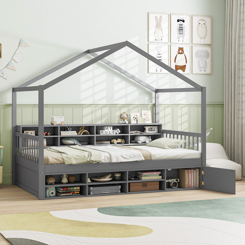 House Bed with Roof with 14 Storage Cubes and Enclosed Cabinet