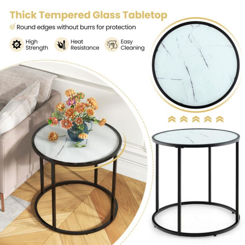 Hivvago 20 Inch Glass End Table with Metal Frame and Faux Marble Glass Top