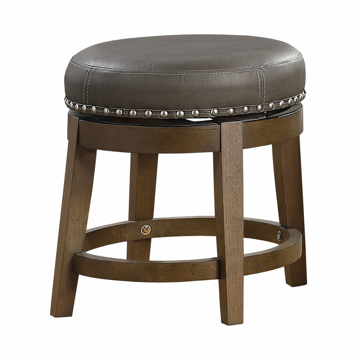 Bara 20 Inch Swivel Dining Stool, Gray Round Faux Leather, Set of 2, Brown - Benzara