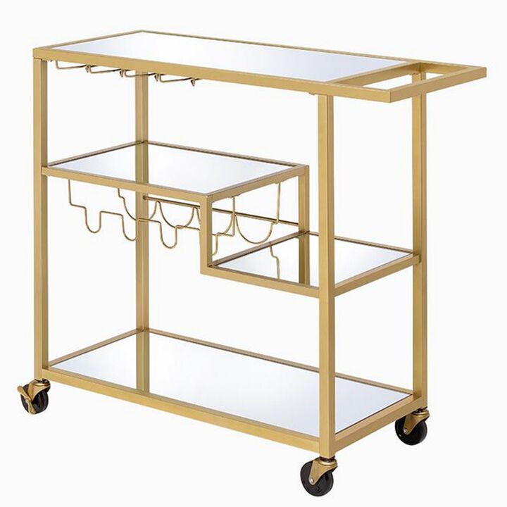 Metal Framed Serving Cart with Wine Bottle Holder and Stemware, Gold and Clear-Benzara