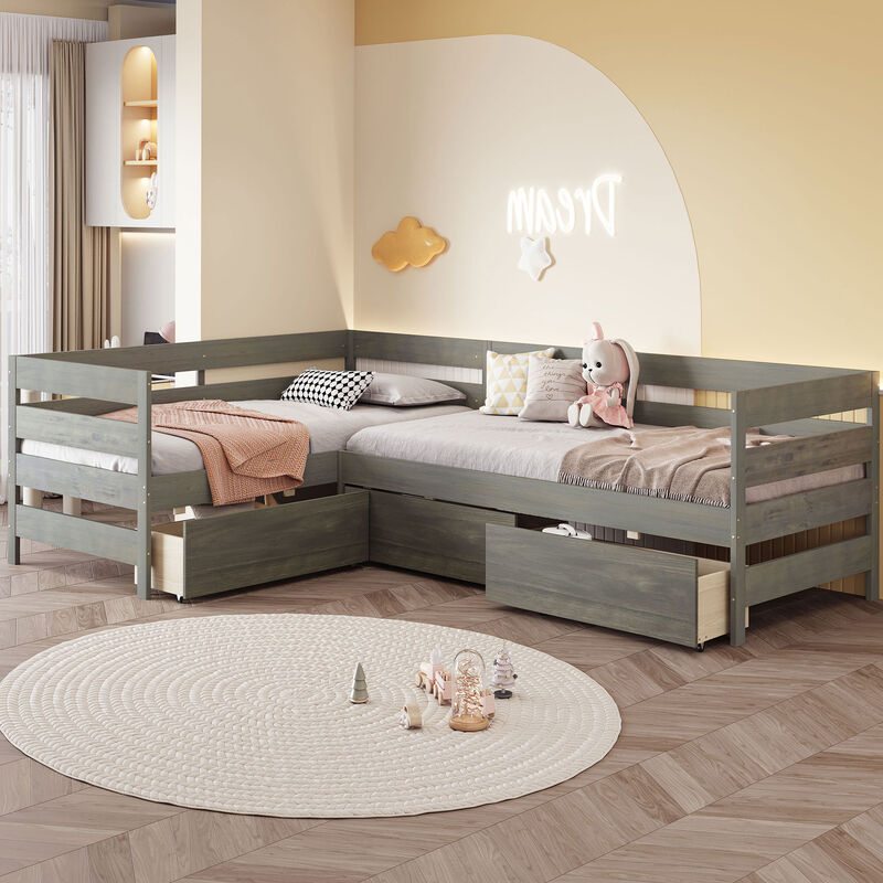 Merax L-shaped Platform Bed with 3 Storage Drawers