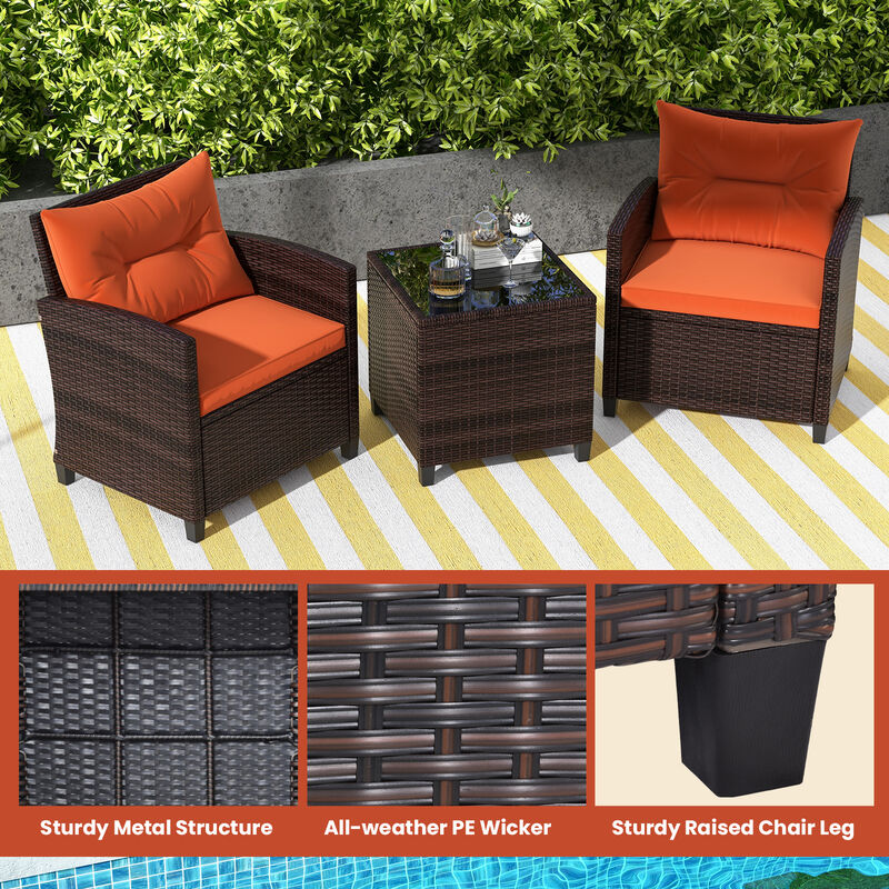 3 Pcs Patio Rattan Furniture Set Cushioned Conversation Set Coffee Table