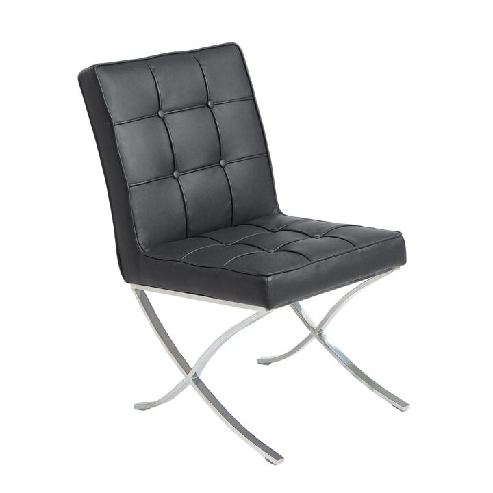 Dinner Chair Set of 2, X Chrome Legs, Button Tufted Black Leather - Benzara