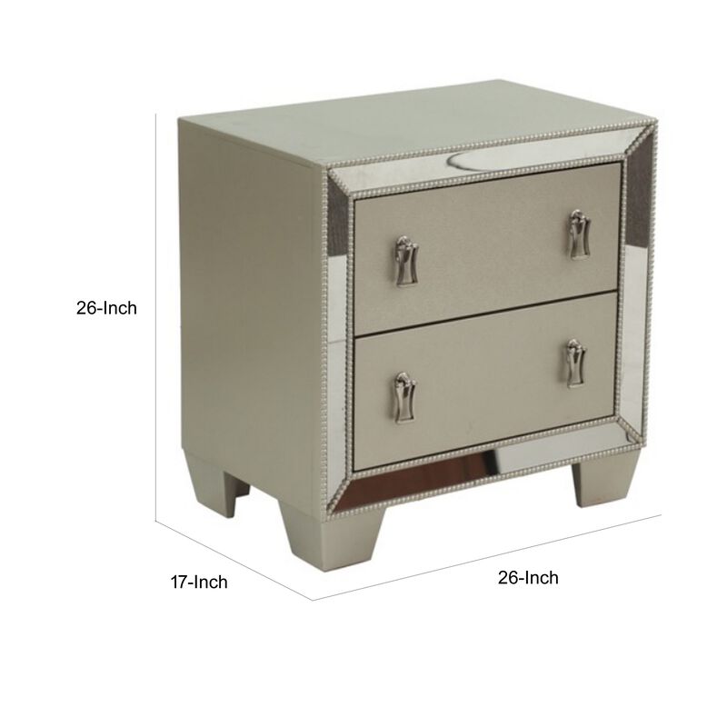 Dem 26 Inch Nightstand with 2 Drawers, Platinum Trim, Silver Wood Finish - Benzara