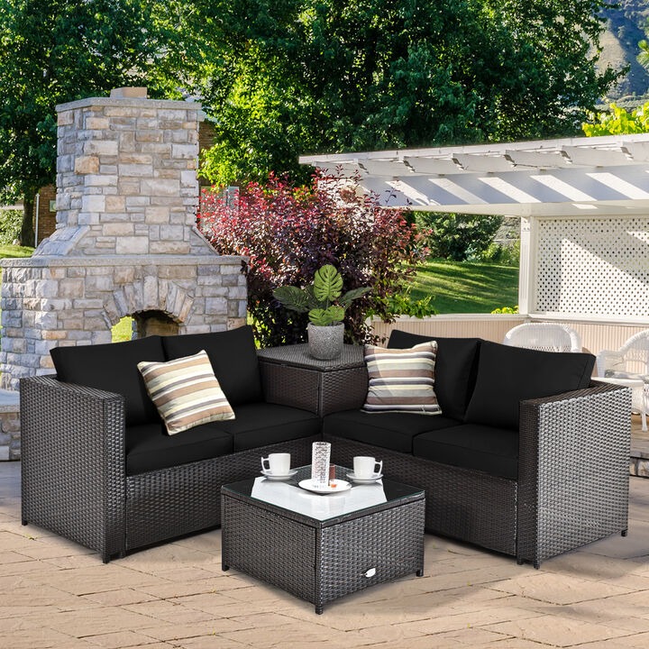 4 Pieces Outdoor Patio Rattan Furniture Set with Cushioned Loveseat and Storage Box