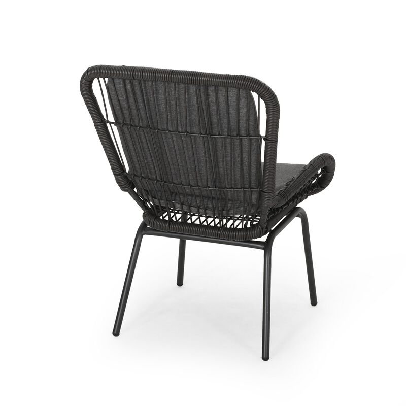 Patio Accent Chair Set of 2, Open Wicker, Round Edge, Black Iron, Gray -Benzara
