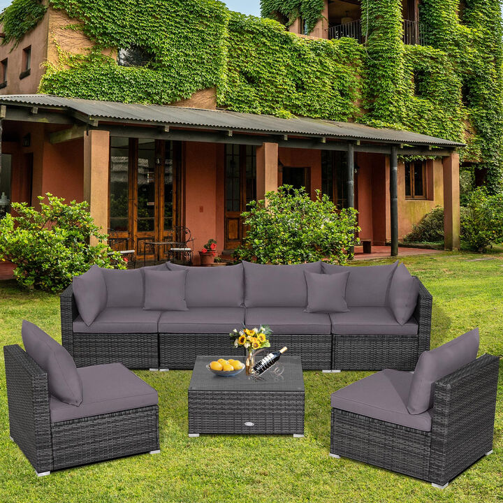 7 Pieces Patio Rattan Furniture Set with Sectional Sofa Cushioned
