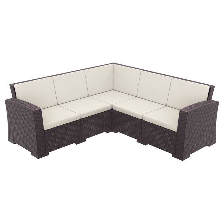 5 Piece Brown Outdoor Patio Sectional with Natural Beige Sunbrella Cushion 81.5"