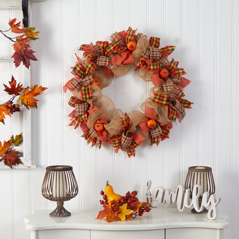 Hivvago 30" Autumn Pumpkin with Decorative Bows Artificial Fall Wreath