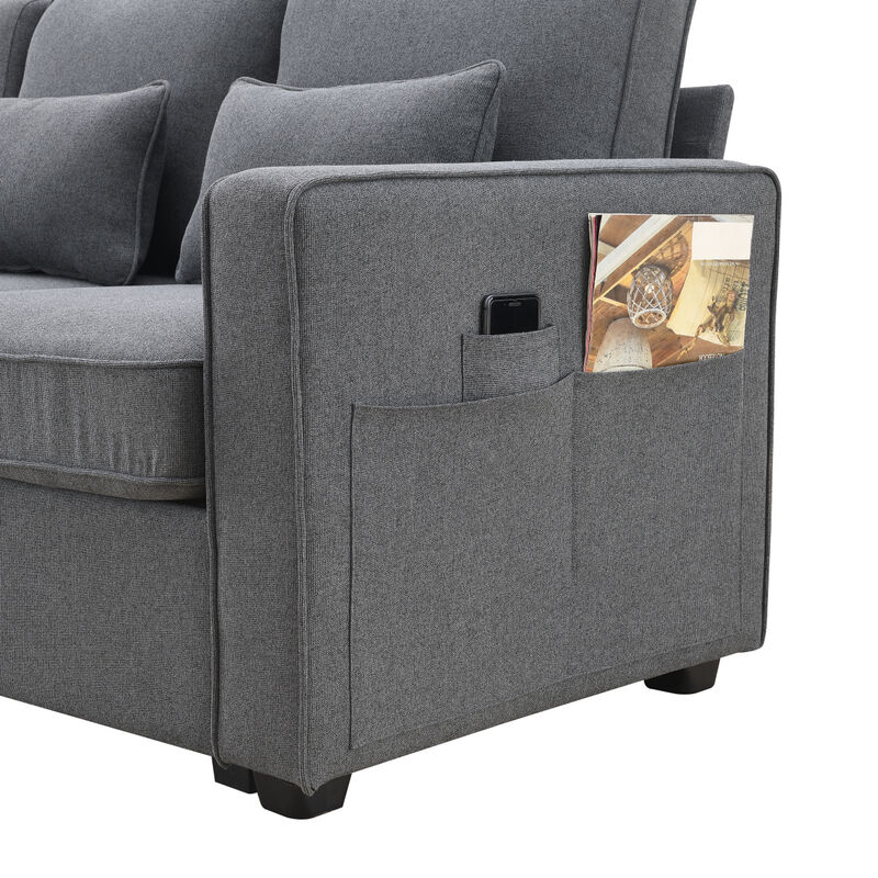 Sofa With Armrest Pockets And 4 Pillows, Minimalist Style