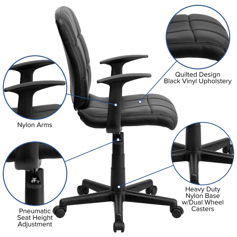 Clayton Mid-Back Quilted Vinyl Swivel Task Office Chair with Arms