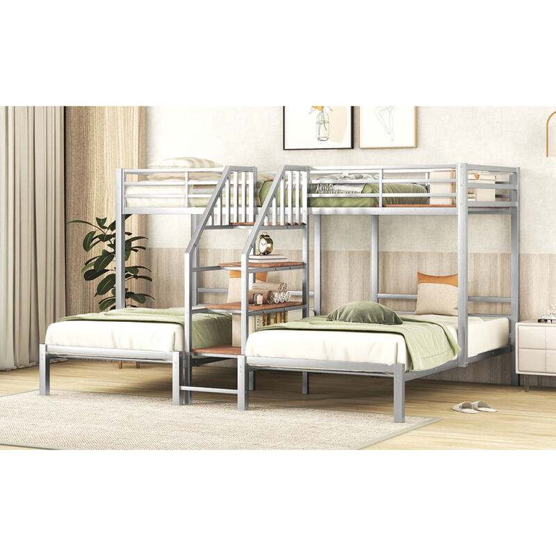 Metal Twin Over Twin & Twin Bunk Bed, Triple Bunk Bed With Storage Shelves Staircase, Silver