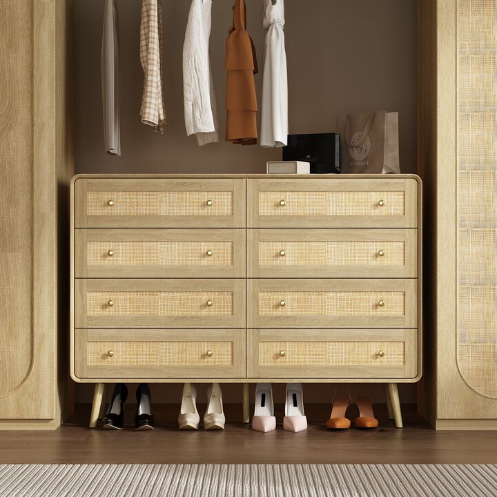 FUFU&GAGA Modern Rattan Dresser with 8 Drawers, PB Board with Gold Accents (55.1" W x 40" H x 13.9" D), Oak