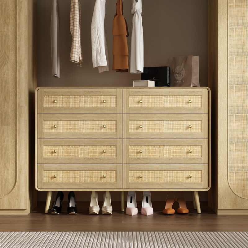 FUFU&GAGA Modern Rattan Dresser with 8 Drawers, PB Board with Gold Accents (55.1" W x 40" H x 13.9" D), Oak