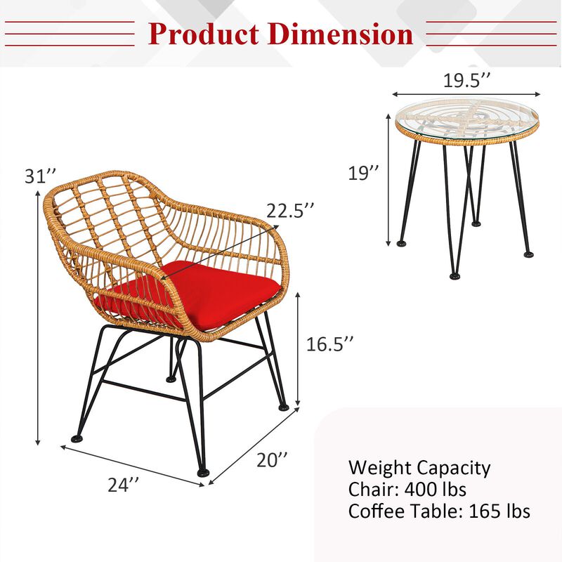 3 Pieces Rattan Furniture Set with Cushioned Chair Table