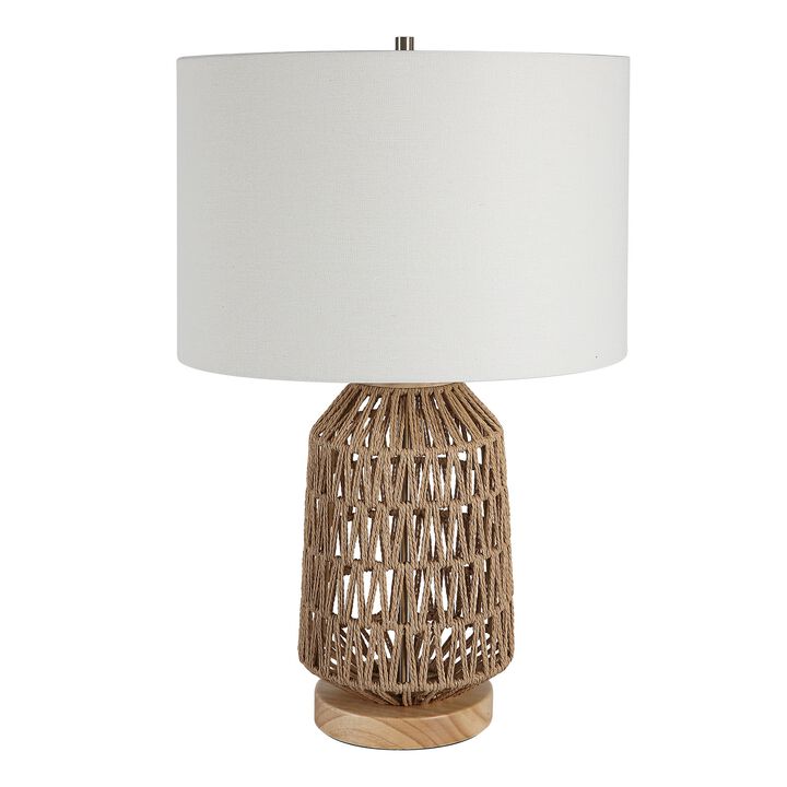 24 Inch Table Lamp, Brown Woven Rope, Linen Shade, Wood Base, Off White - Benzara