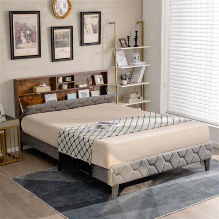 Hivvago Full Size Velvet Upholstered Open/Close Storage Headboard Platform Bed